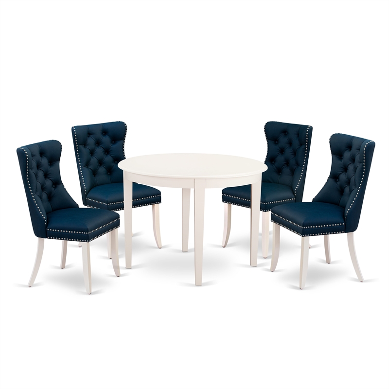 East West Furniture 5-Piece Dining Room Set in Linen White/Navy Blue