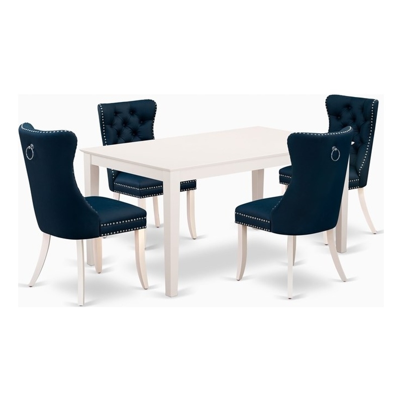 East West Furniture 5-Piece Dining Table Set  in Linen White/Navy Blue