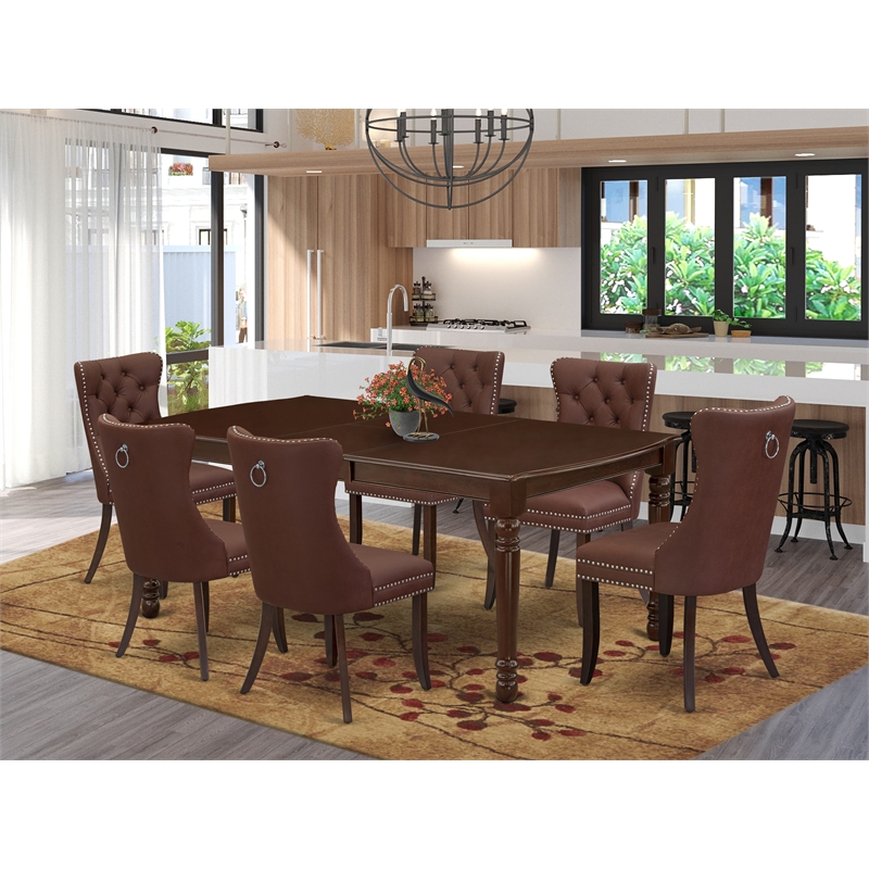 East West Furniture 7-Piece Dining Room Set in Mahogany/Burgandy