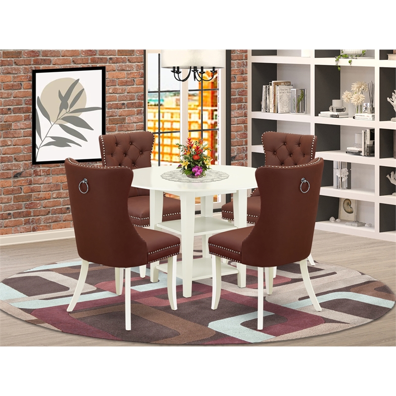 East West Furniture 5-Piece Dinette Set in Linen White/Burgundy