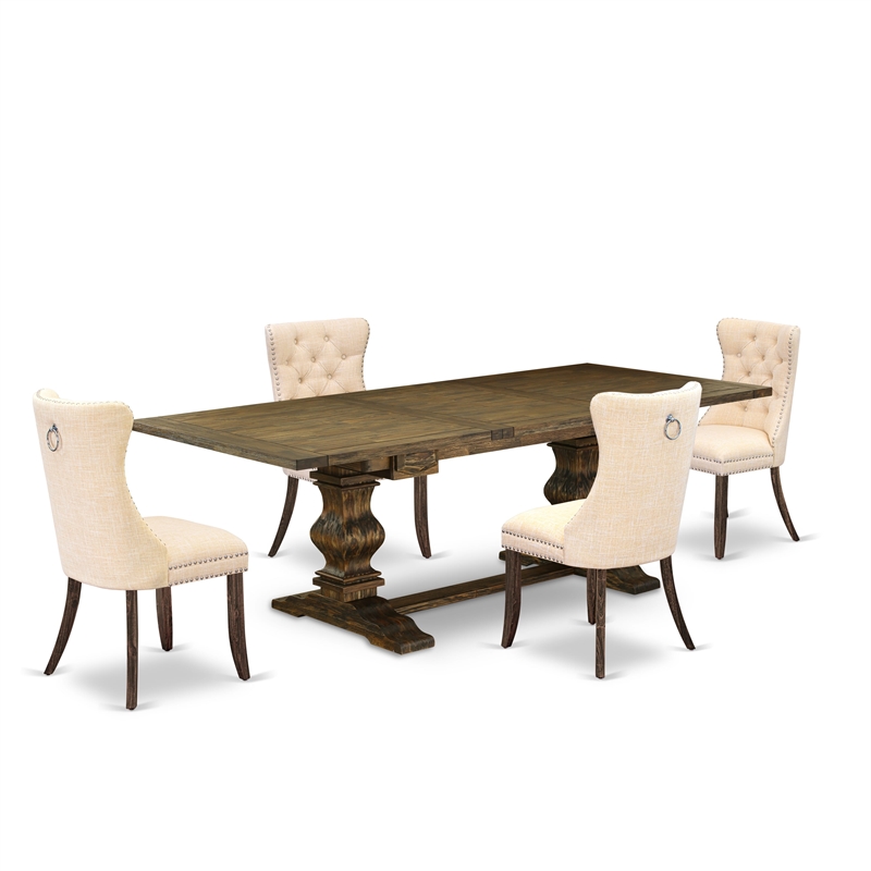 East West Furniture 5-Piece Dining Table Set in Light Beige/Distressed Jacobean