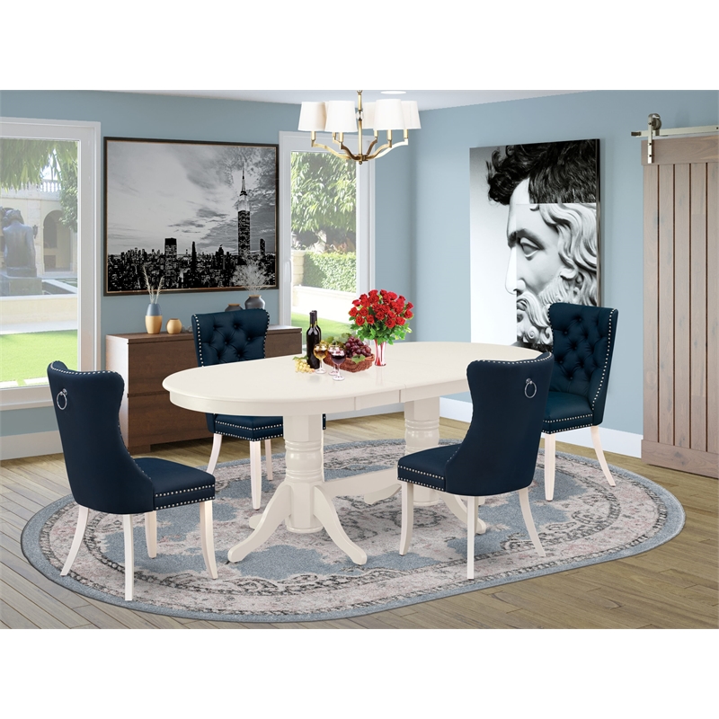 East West Furniture 5-Piece Dining Room Set in Linen White/Navy Blue