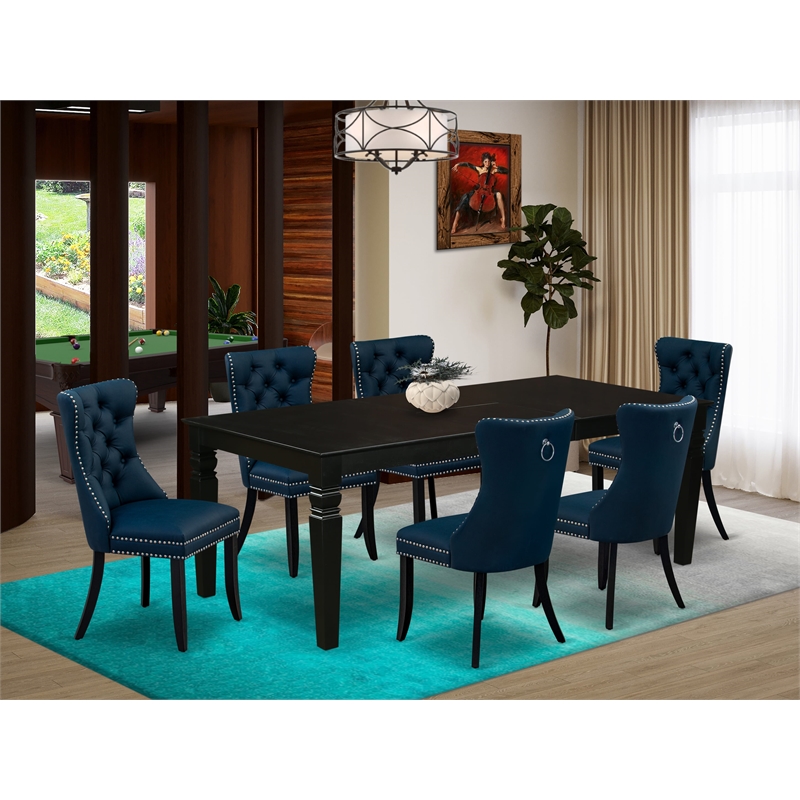 East West Furniture 7-Piece Dining Set in Black/Navy Blue