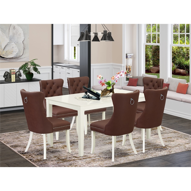East West Furniture 7-Piece Modern Dining Table Set in Linen White/Burgundy