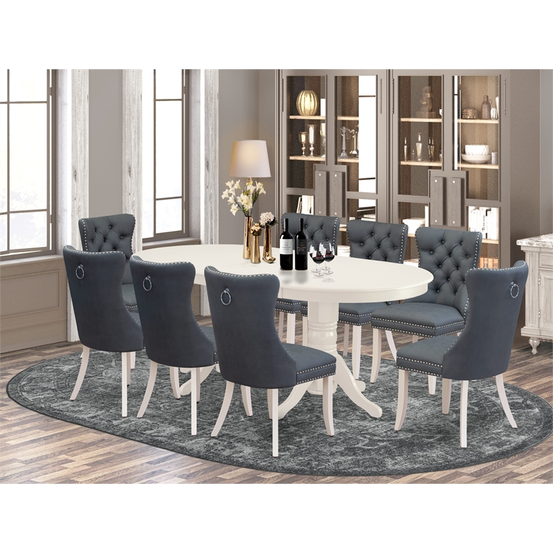 East West Furniture 9-Piece Dining Room Set in Linen White/Platinum Gray