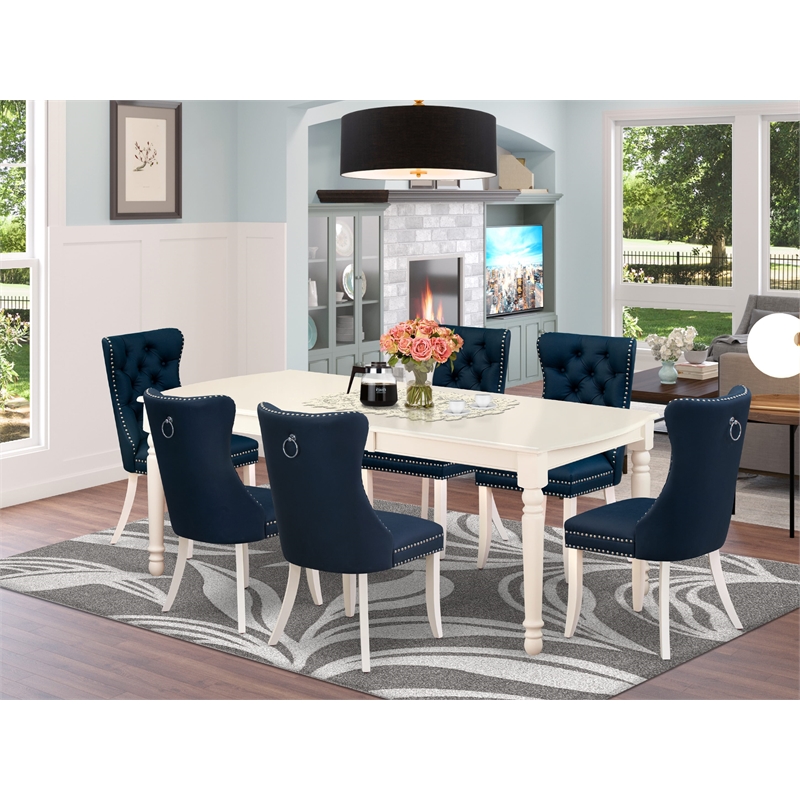 East West Furniture 7-Piece Dinette Set in Linen White/Navy Blue