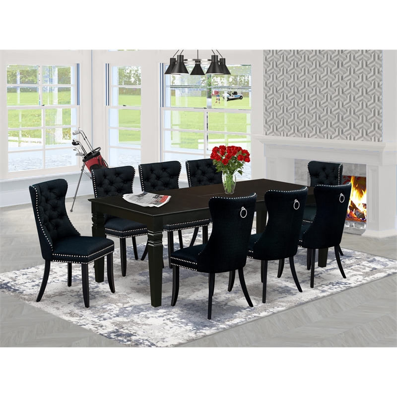 East West Furniture 9-Piece Dining Table Set in Black/Black