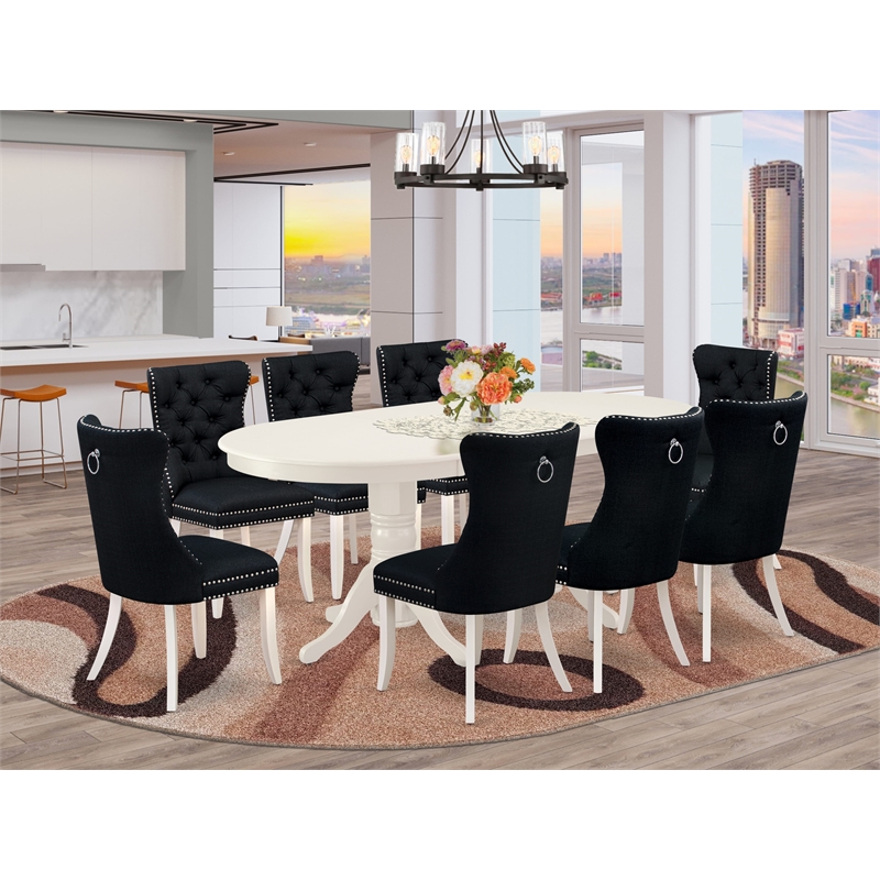 East West Furniture 9-Piece Dining Room Set in Linen White/Black