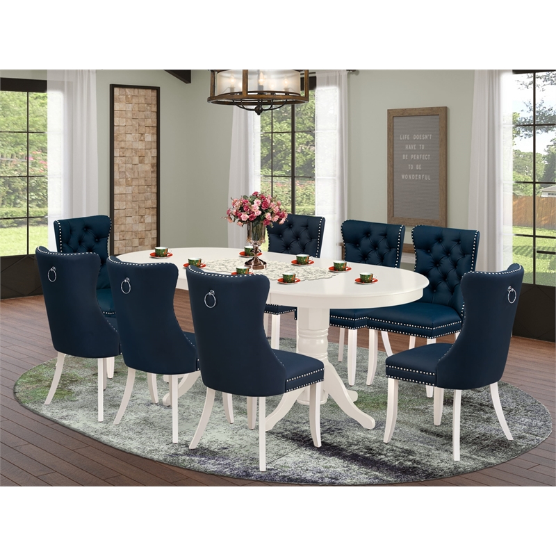 East West Furniture 9-Piece Kitchen Table Set in Linen White/Navy Blue