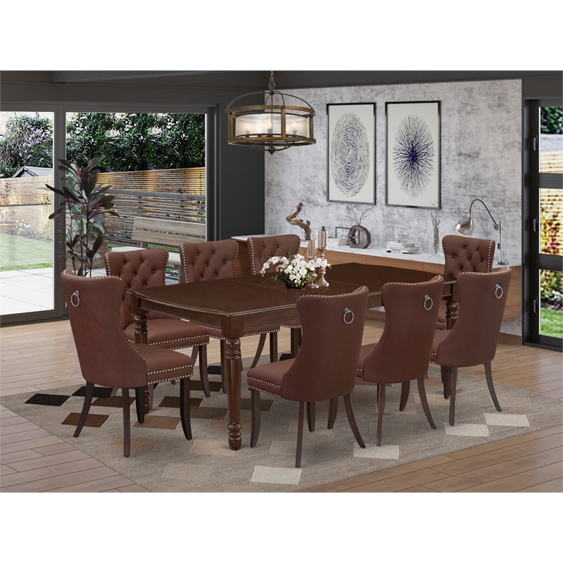 East West Furniture 9-Piece Dinette Set in Mahogany/Burgandy