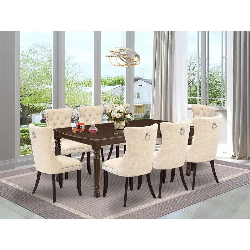East West Furniture 9-Piece Dining Table Set in Mahogany/Light Beige