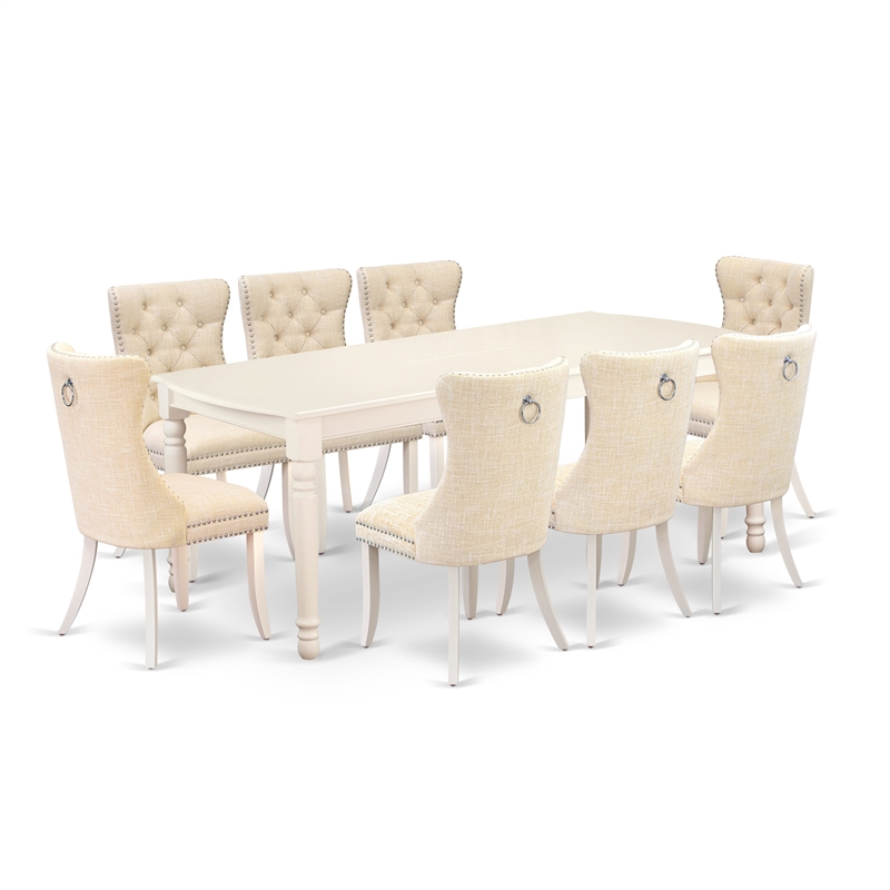 East West Furniture 9-Piece Kitchen Table Set in Linen White/Light Beige