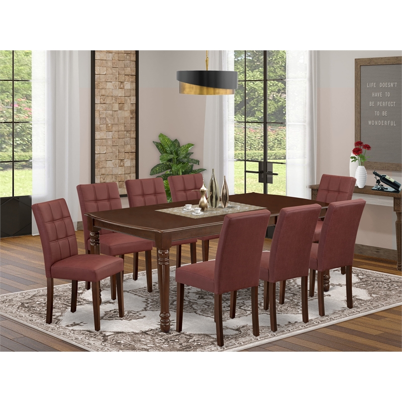 East West Furniture 9-Piece Dining Set in Mahogany/Burgundy