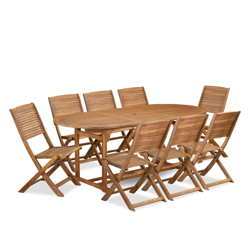 East West Furniture 9-Piece Patio Garden Table Set in Natural Oil