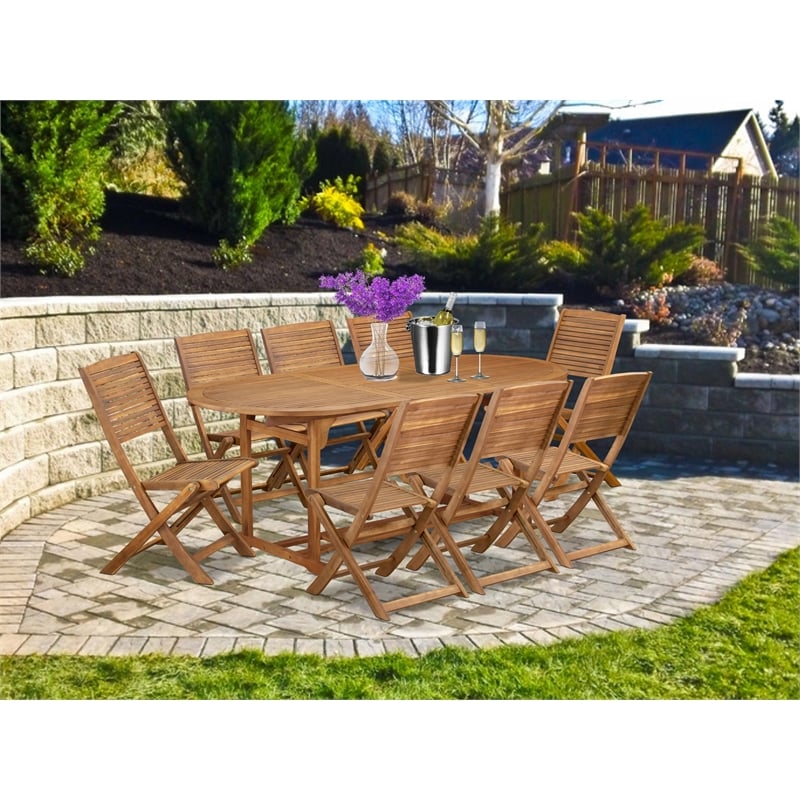 East West Furniture 9-Piece Patio Garden Table Set in Natural Oil