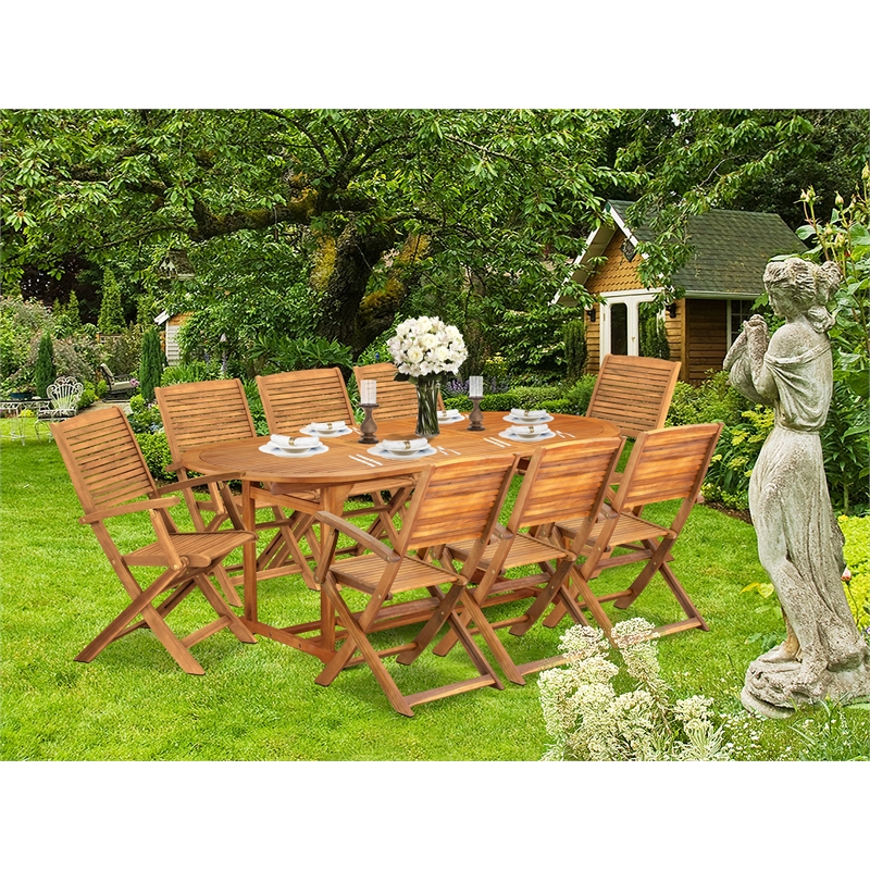 East West Furniture 9-Piece Patio Dining Set in Natural Oil