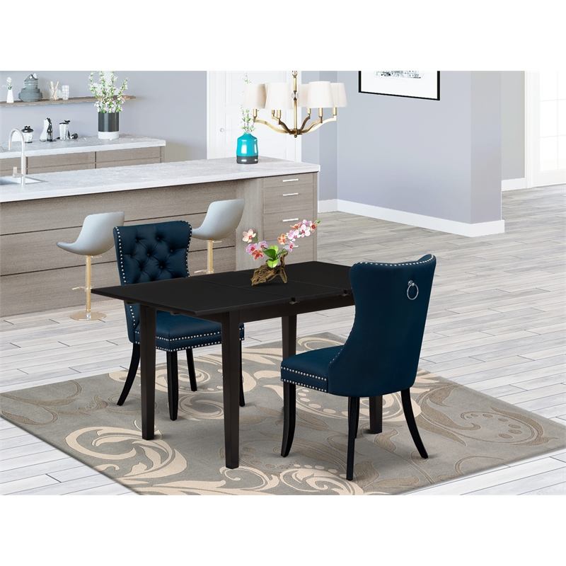East West Furniture 3-Piece Kitchen Table Set in Black/Navy Blue