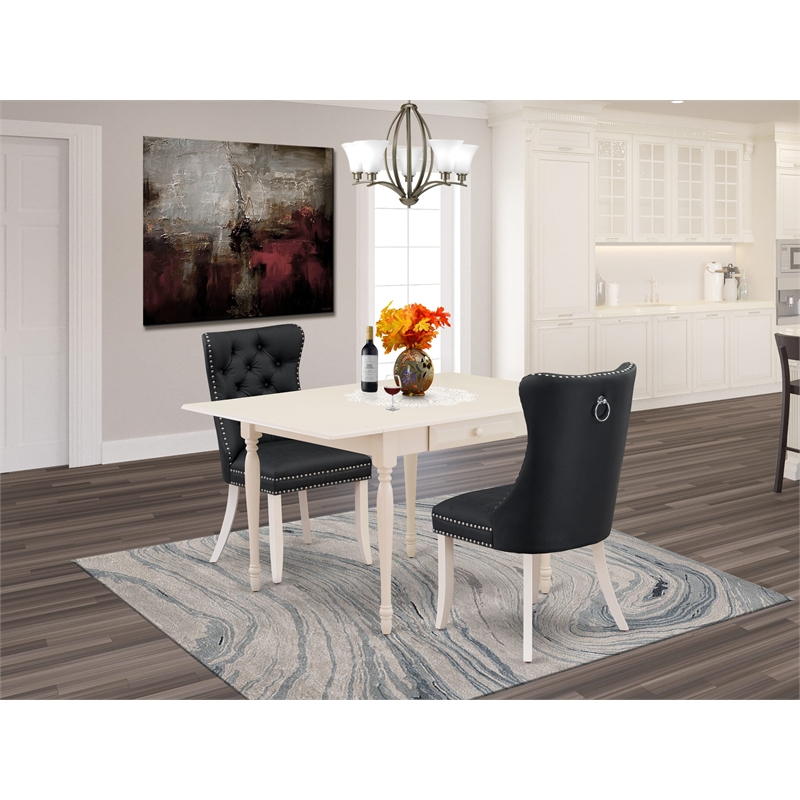 East West Furniture 3-Piece Dining Table Set in Linen White/Dark Gray