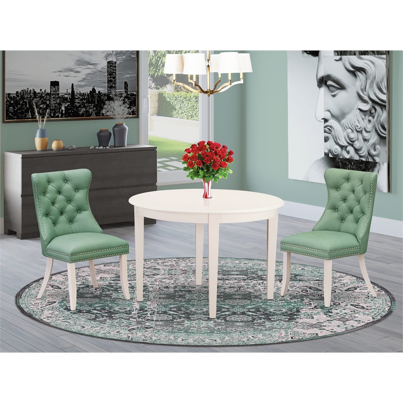 East West Furniture 3-Piece Modern Dining Table Set in Linen White/Willow Green