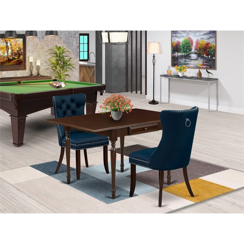 East West Furniture 3-Piece Dining Set in Mahogany/Navy Blue