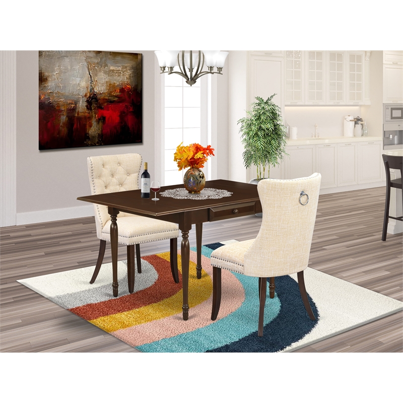 East West Furniture 3-Piece Dining Table Set in Mahogany/Light Beige