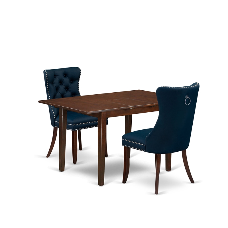 East West Furniture 3-Piece Kitchen Table Set in Mahogany/Navy Blue
