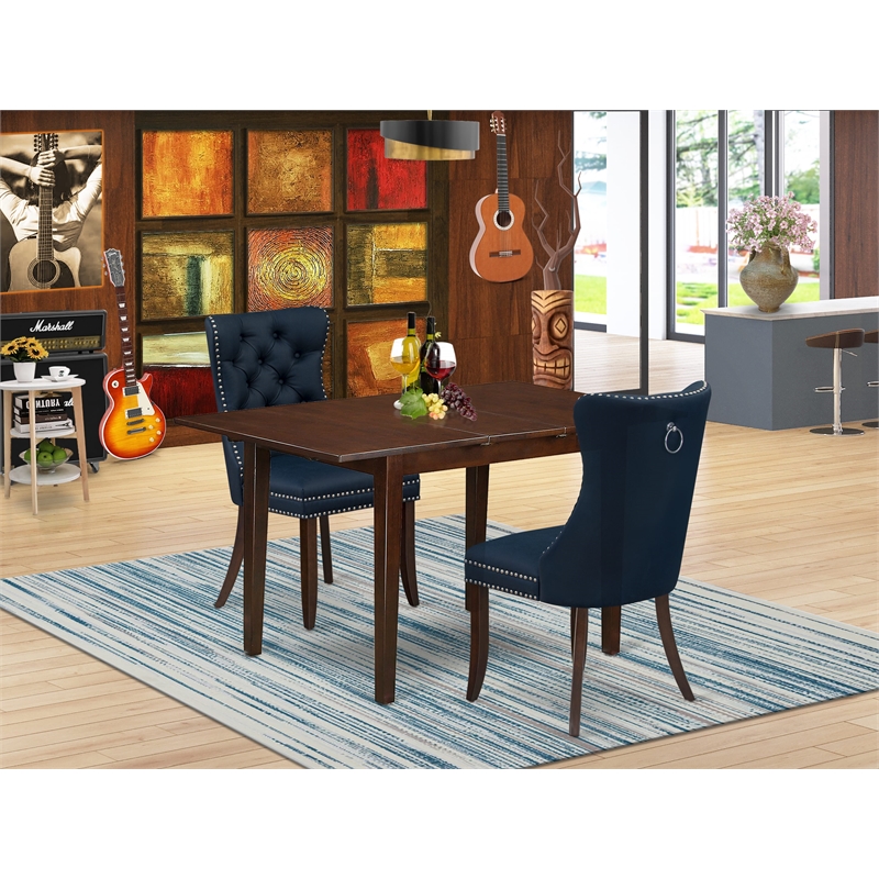 East West Furniture 3-Piece Kitchen Table Set in Mahogany/Navy Blue