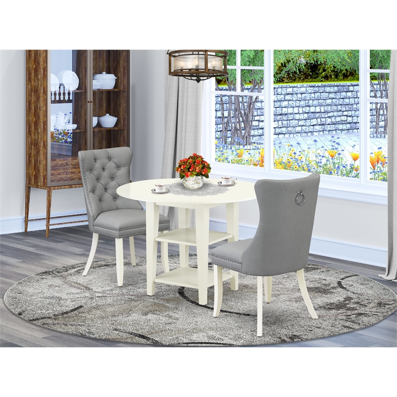 East West Furniture 3-Piece Dining Table Set in Linen White/Light Gray