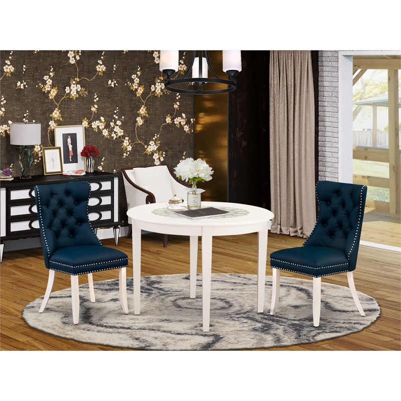 East West Furniture 3-Piece Dining Set for Small Spaces in Linen White/Navy Blue