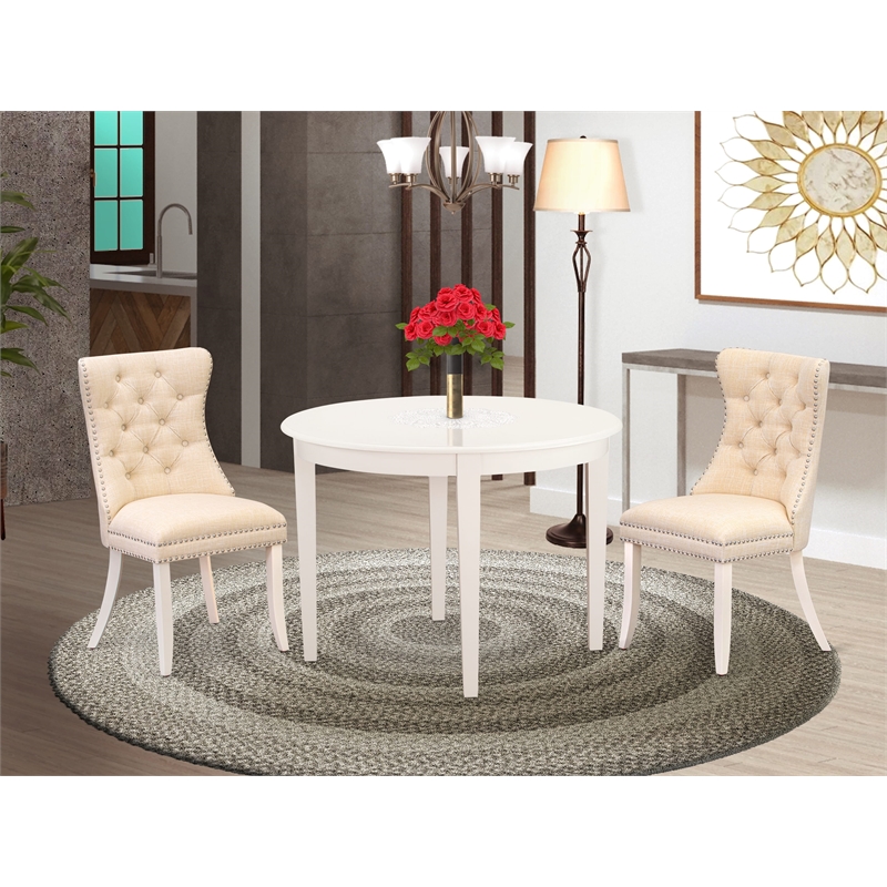 East West Furniture 3-Piece Dining Table Set in Linen White/Light Beige