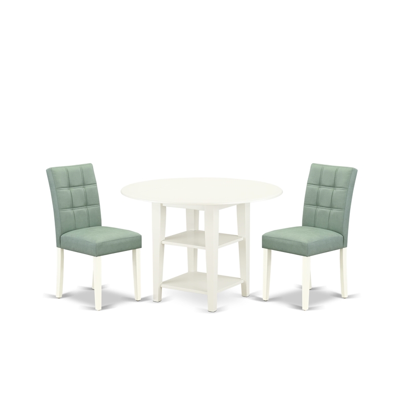 East West Furniture 3-Piece Modern Dining Table Set in Linen White/Willow Green