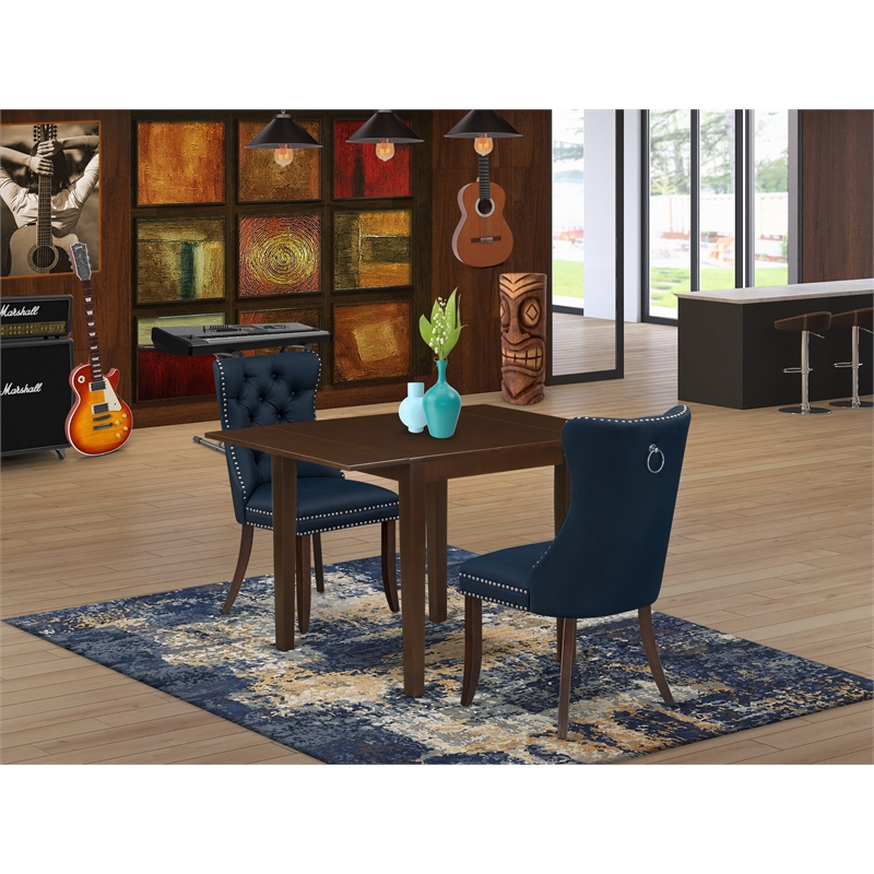 East West Furniture 3-Piece Kitchen Table Set in Mahogany/Navy Blue
