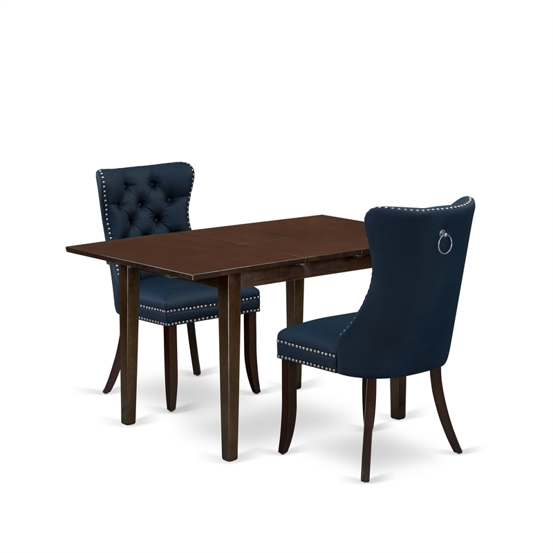 East West Furniture 3-Piece Dining Table Set in Mahogany/Navy Blue