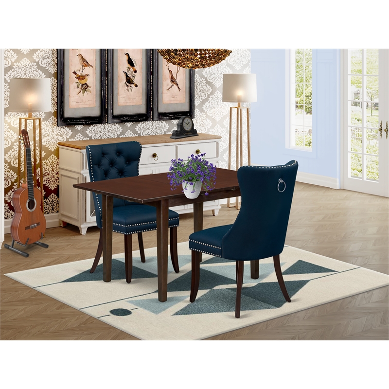 East West Furniture 3-Piece Dining Table Set in Mahogany/Navy Blue