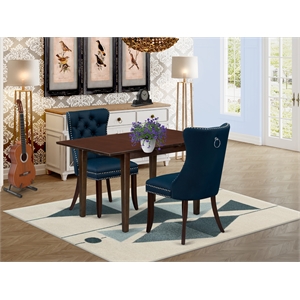 East West Furniture 3-Piece Dining Table Set in Mahogany/Navy Blue