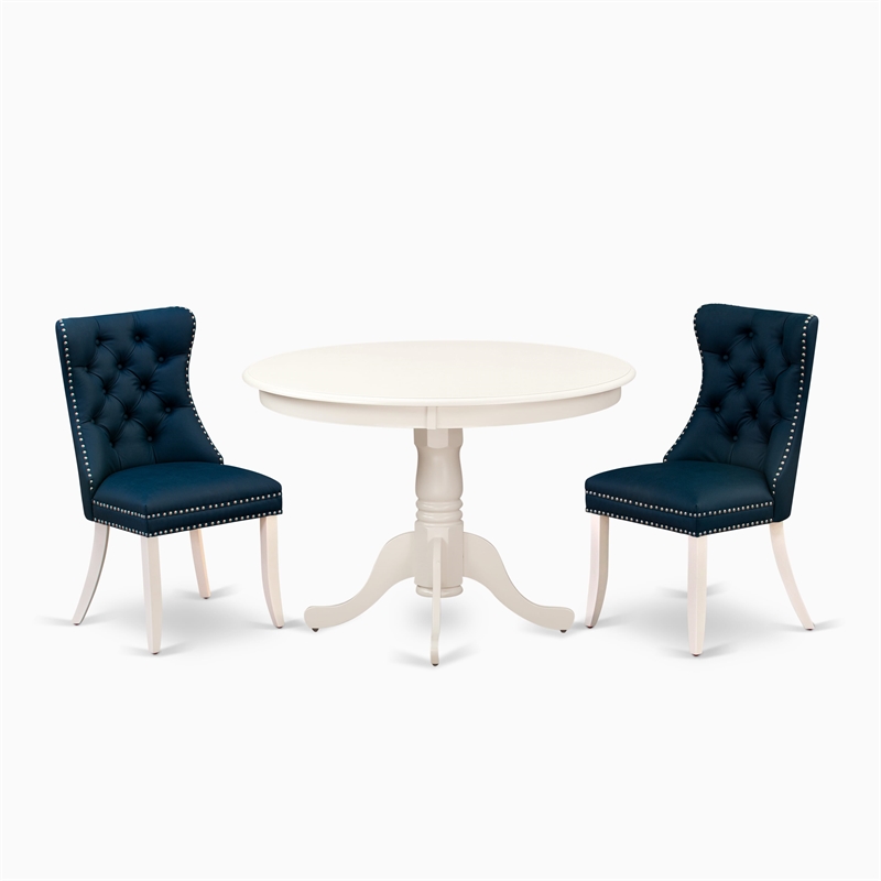 East West Furniture 3-Piece Dining Table Set in Linen White/Navy Blue