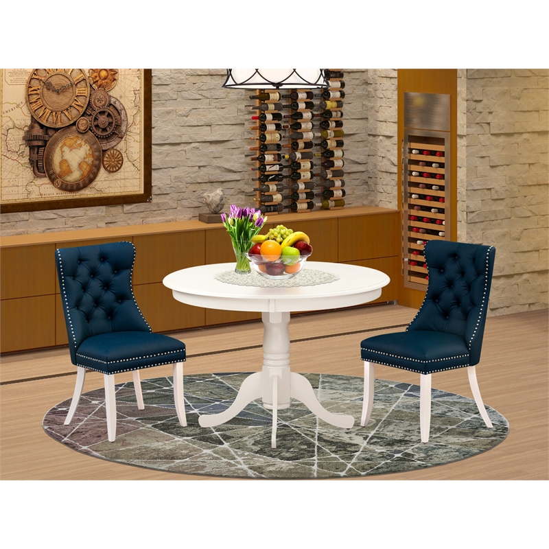 East West Furniture 3-Piece Dining Table Set in Linen White/Navy Blue