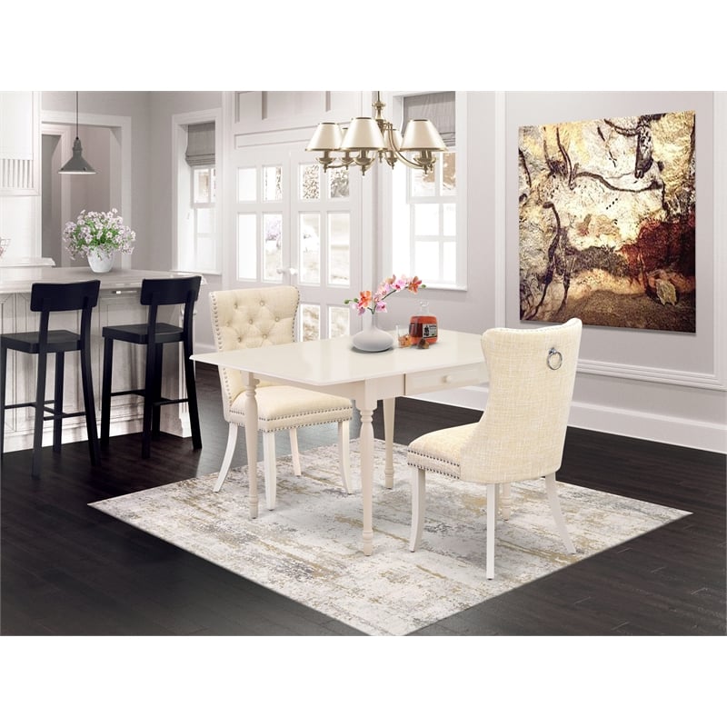 East West Furniture 3-Piece Dining Room Set in Linen White/Light Beige