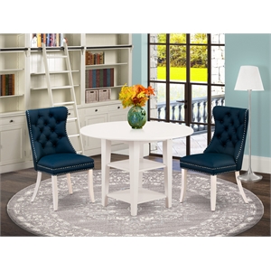 East West Furniture 3-Piece Dining Table Set in Linen White/Navy Blue