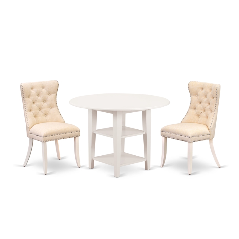 East West Furniture 3-Piece Dining Room Set in Linen White/Light Beige