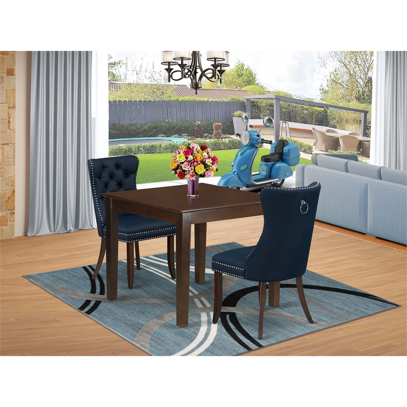 East West Furniture 3-Piece Kitchen Table Set in Mahogany/Navy Blue
