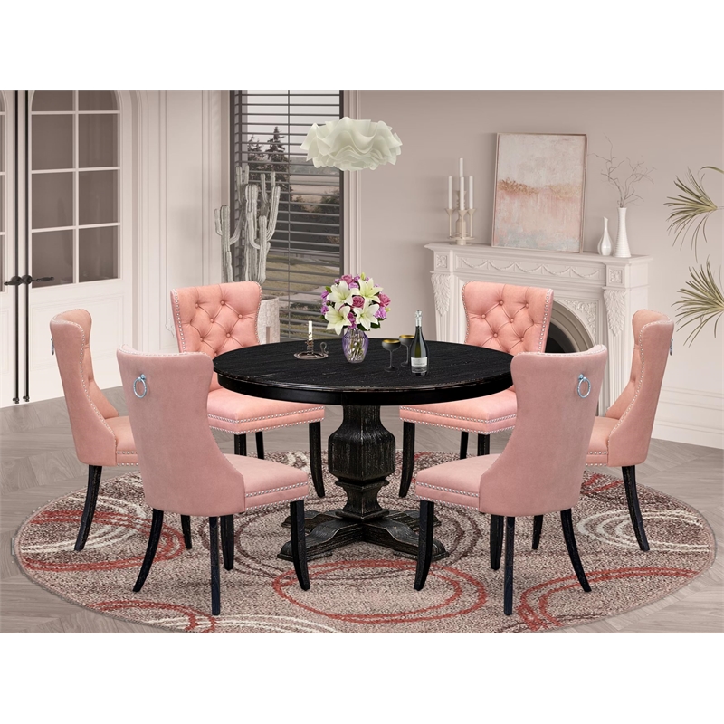 East West Furniture Ferris 7 Piece Round Dining Room Set in Black Finish