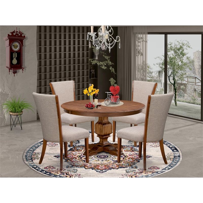 East West Furniture Ferris 5 Piece Round Dining Table Set in Walnut Finish