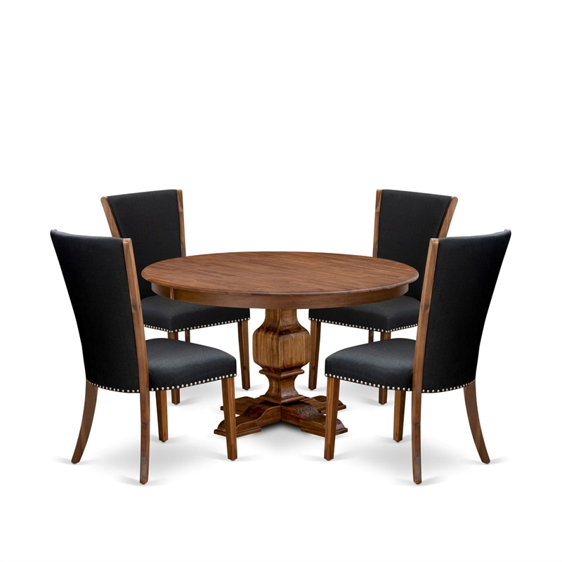 East West Furniture Ferris 5 Piece Round Dining Table Set in Walnut Finish