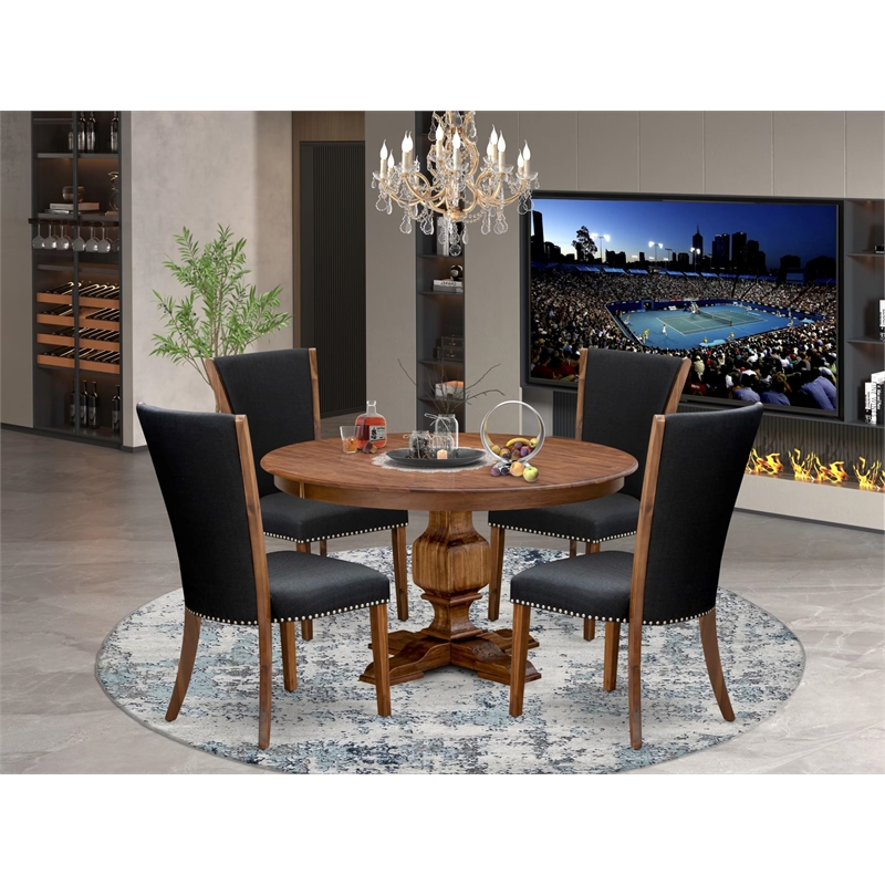 East West Furniture Ferris 5 Piece Round Dining Table Set in Walnut Finish