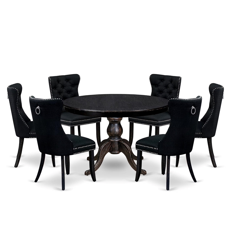 East West Furniture Ferris 7 Piece Round Dining Room Set in Black Finish
