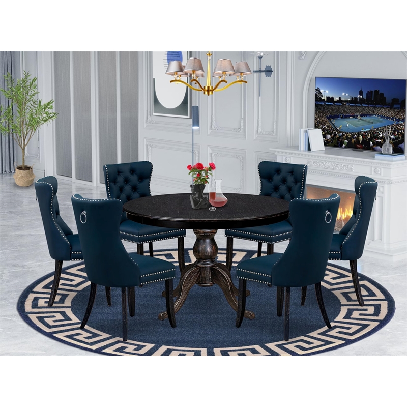 East West Furniture Ferris 7 Piece Round Kitchen Set in Black Finish