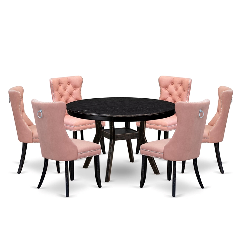 East West Furniture Ferris 7 Piece Round Kitchen Table Set in Black Finish