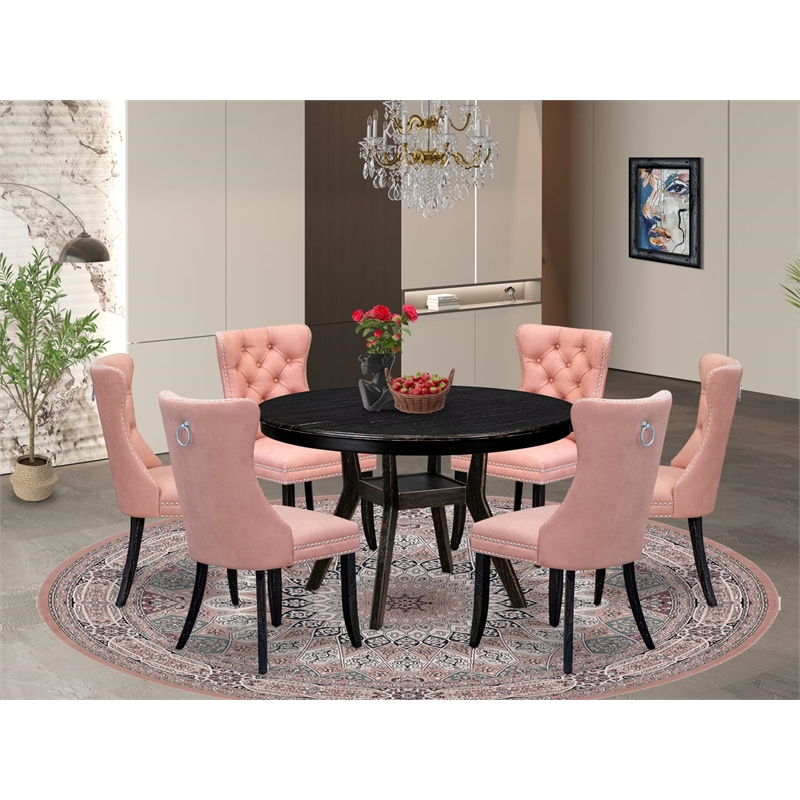 East West Furniture Ferris 7 Piece Round Kitchen Table Set in Black Finish