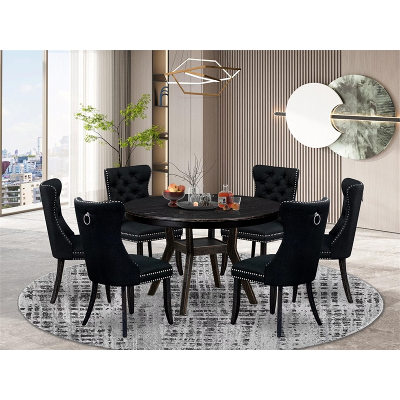 East West Furniture Ferris 7 Piece Round Dining Set in Black Finish